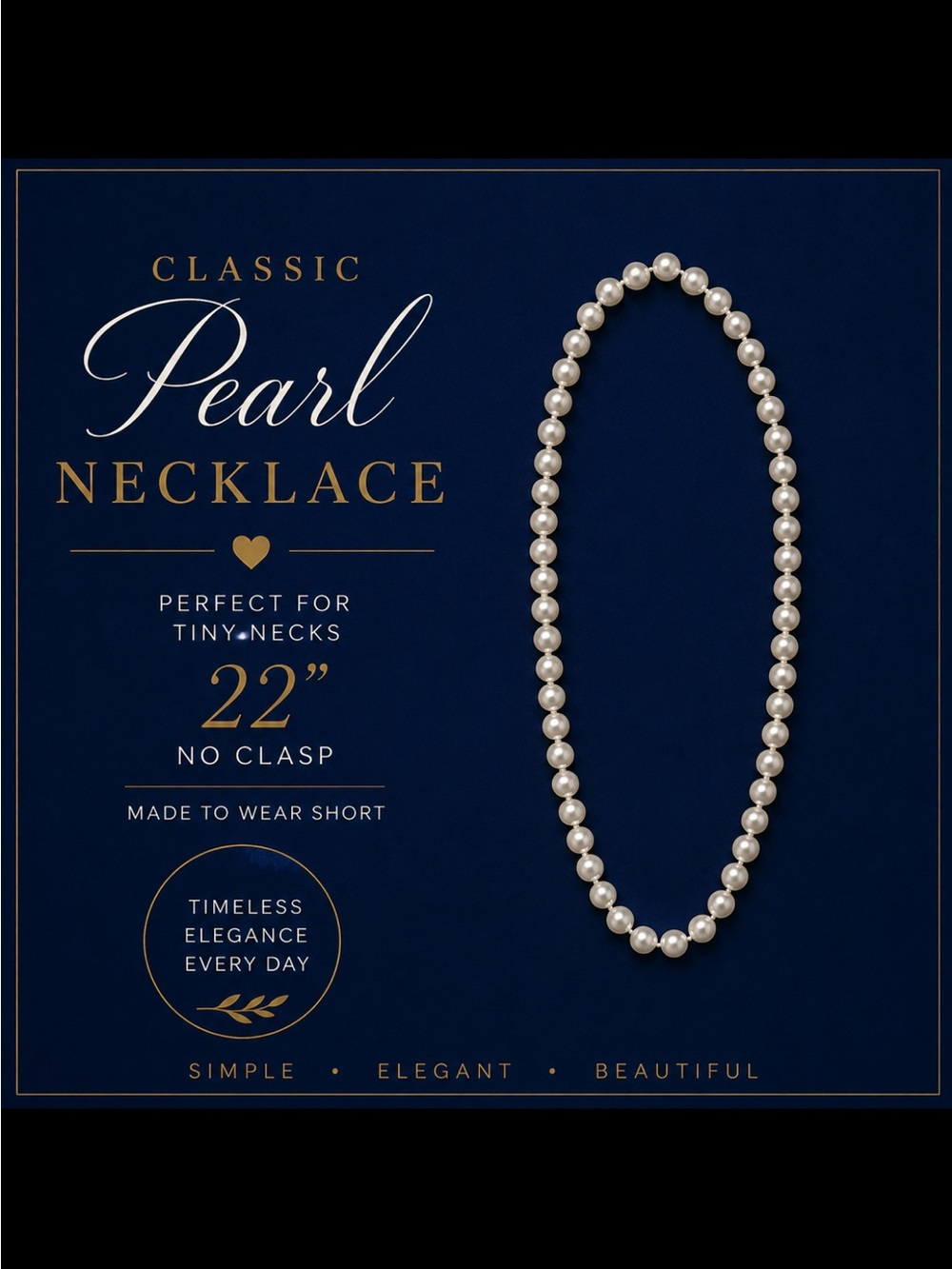 Classic 22 inch Faux Pearl Necklace - White Pearls youth size- small fit